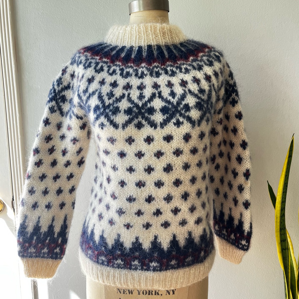 Vtg. Hand Knit Scandinavian Wool & Mohair Fair Isle Sweater Sz M/L